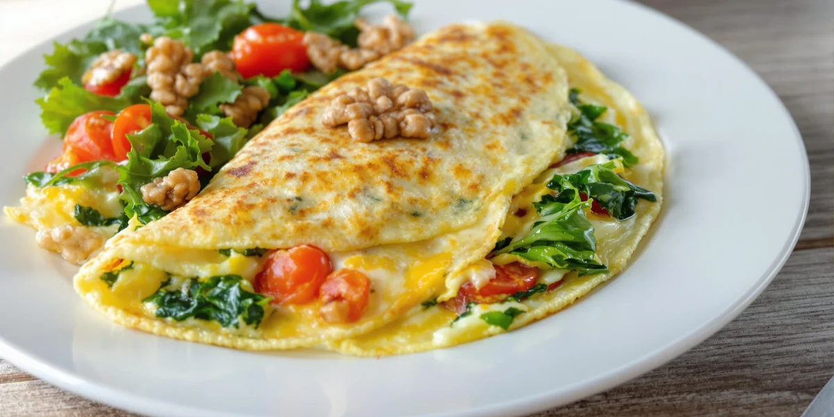 omlet z 3 jajek ze szpinakiem i pomidorami oraz garść orzechów włoskich
