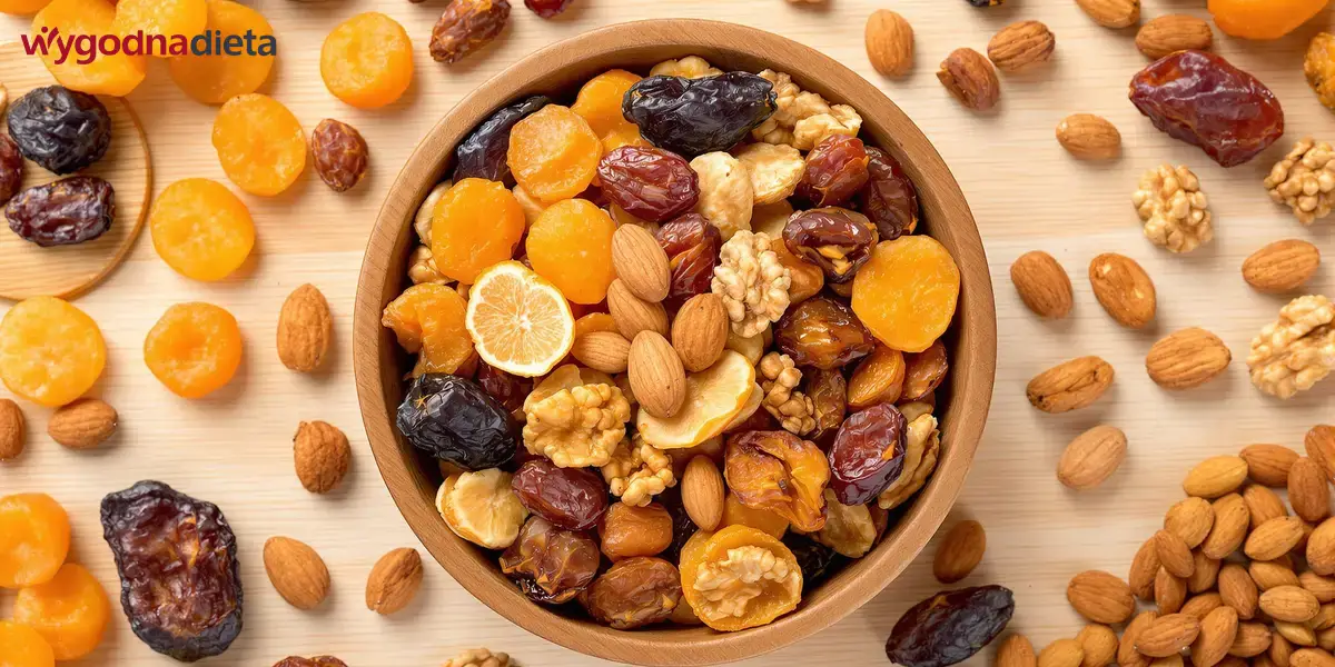 suszone morele, daktyle, migdały i orzechy włoskie