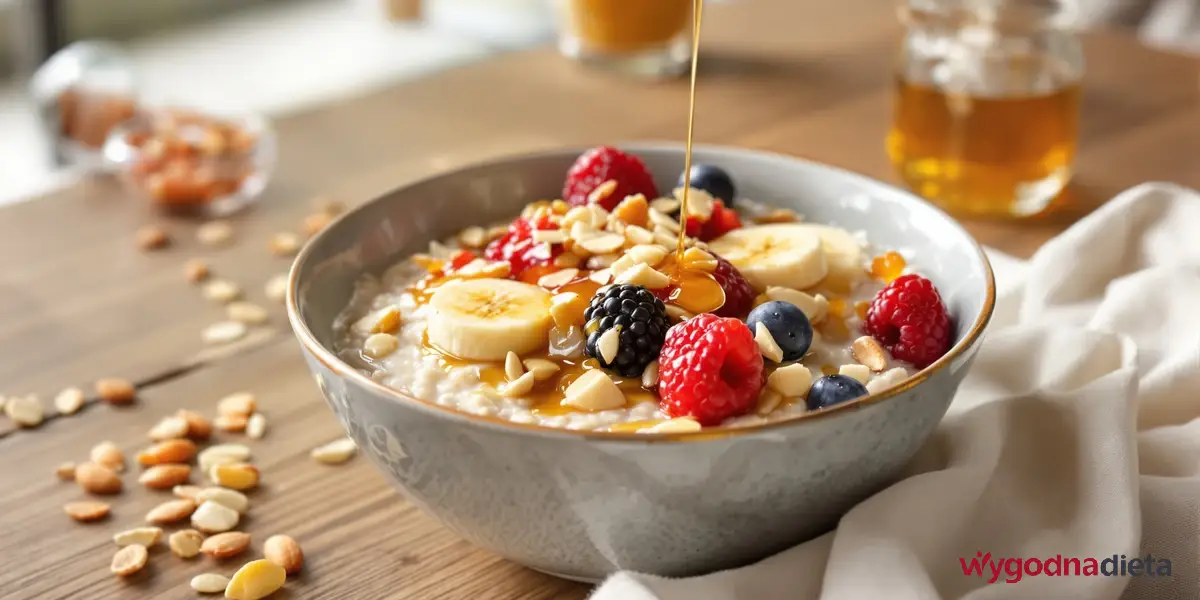 owsianka bez glutenu z malinami, bananem, jeżynami, borówkami i płatkami migdałów