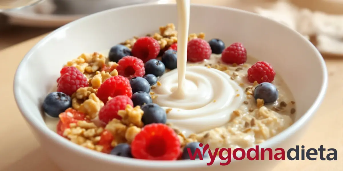 owsianka z borówkami i malinami, orzechami włoskimi i nasionami chia przygotowana na napoju roślinnym bez cukru 