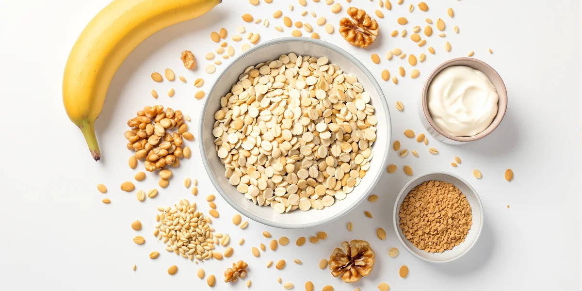 banan, płatki owsiane, jogurt i orzechy