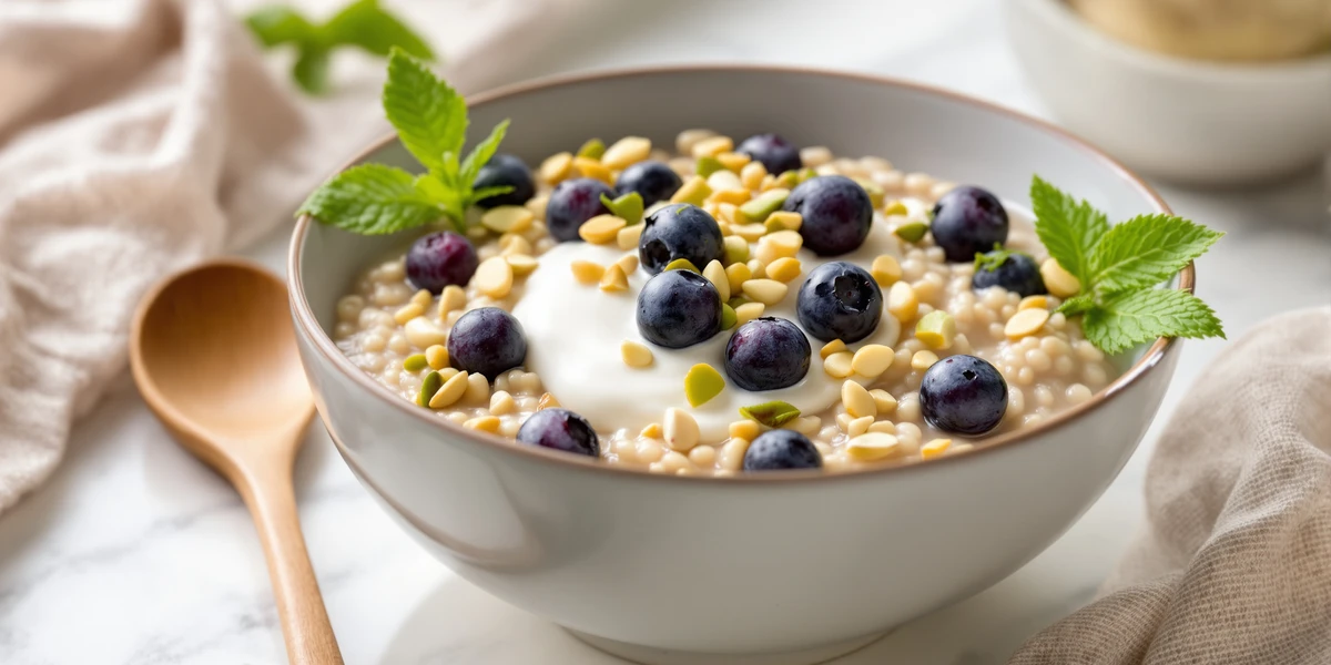 Owsianka z jagodami, jogurtem i pistacjami