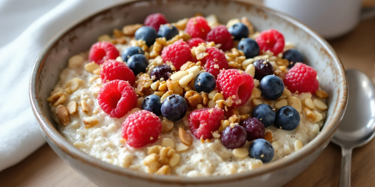 Owsianka z malinami, jagodami i orzechami