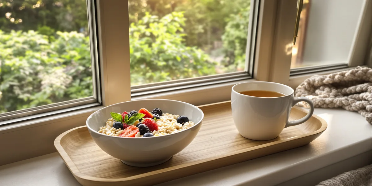 Owsianka z owocami i herbata przy oknie