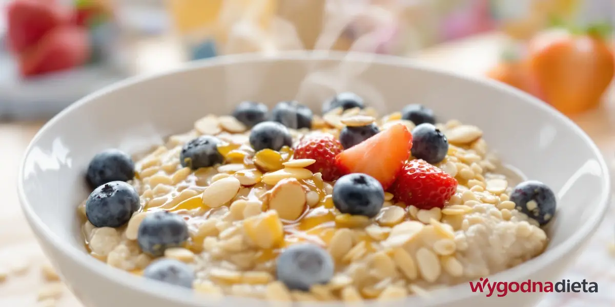owsianka z borówkami, truskawkami i płatkami migdałów