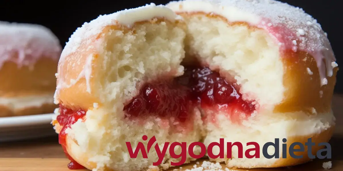 przekrojony pączek na pół z nadzieniem różanym