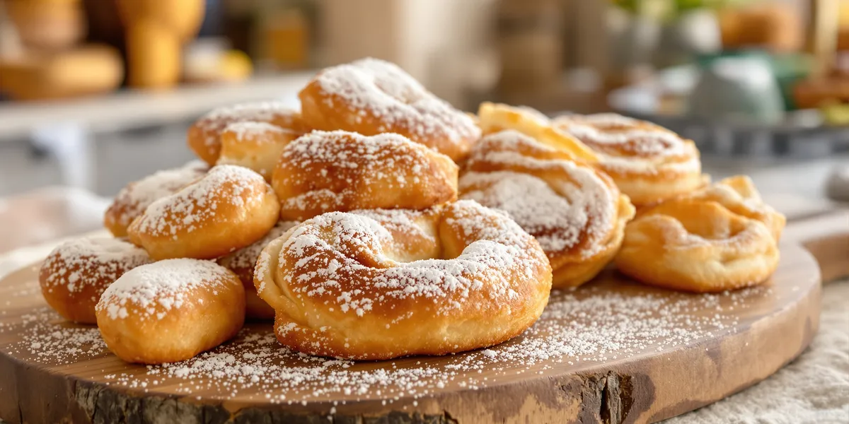 Pączki posypane cukrem pudrem na desce