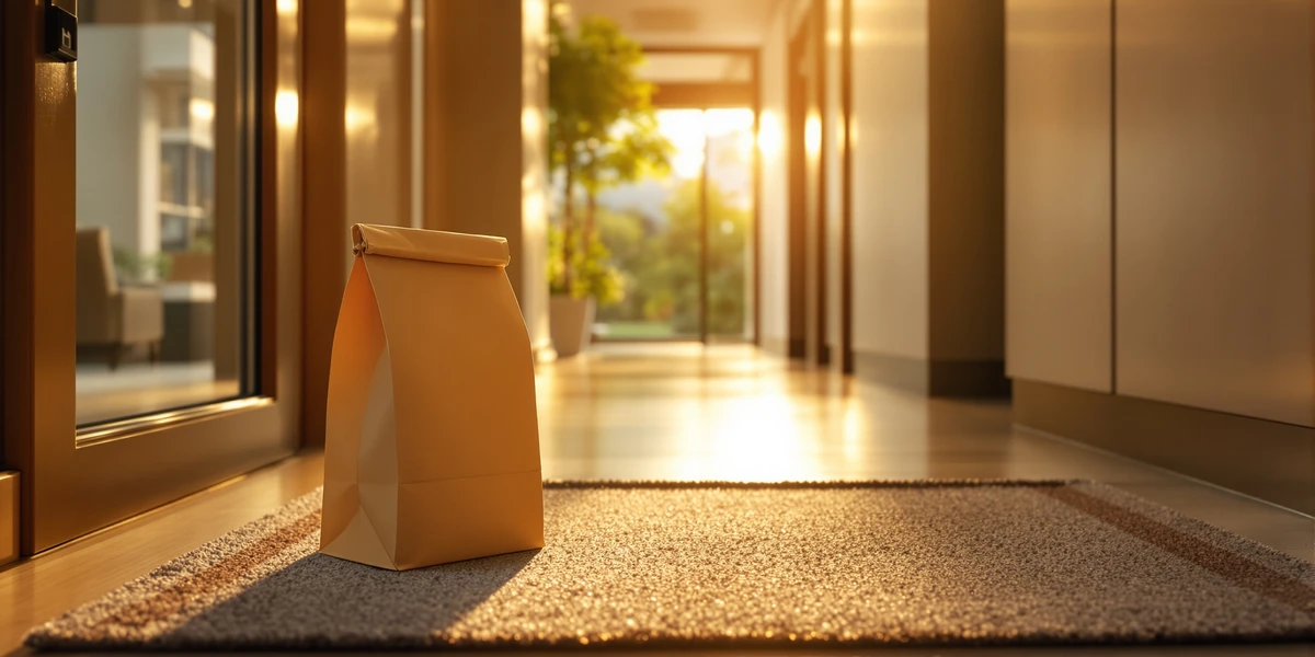 Papierowa torba na wycieraczce przy drzwiach