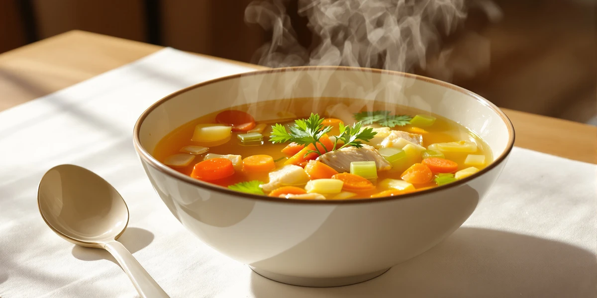 Parująca miska rosołu z warzywami