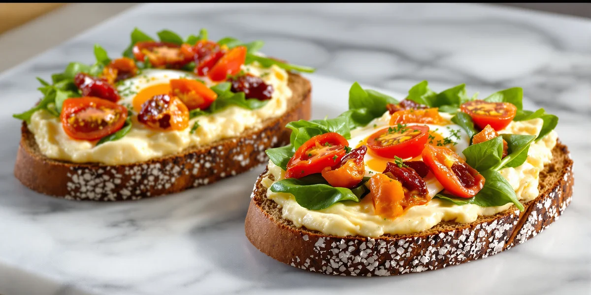 dwie kanapki z pastą jajeczną, szpinakiem i pomidorkami