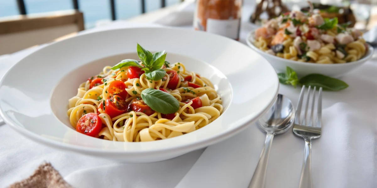 makaron z pomidorami i bazylią