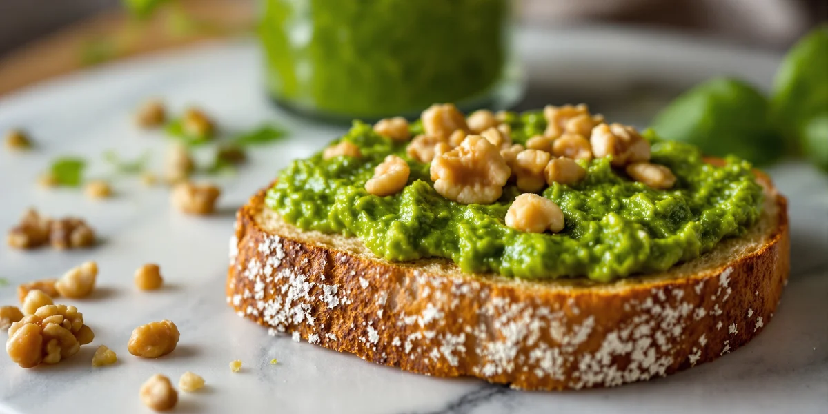 tost z pesto z rzeżuchy posypany orzechami włoskimi