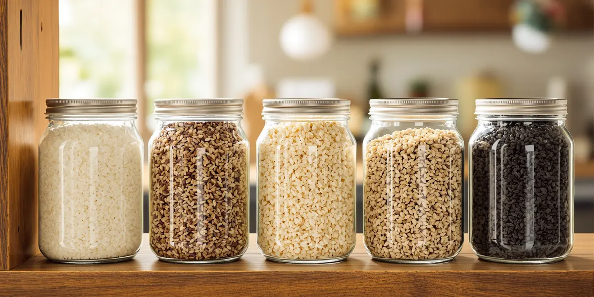 Pięć słoików z różnymi odmianami ryżu