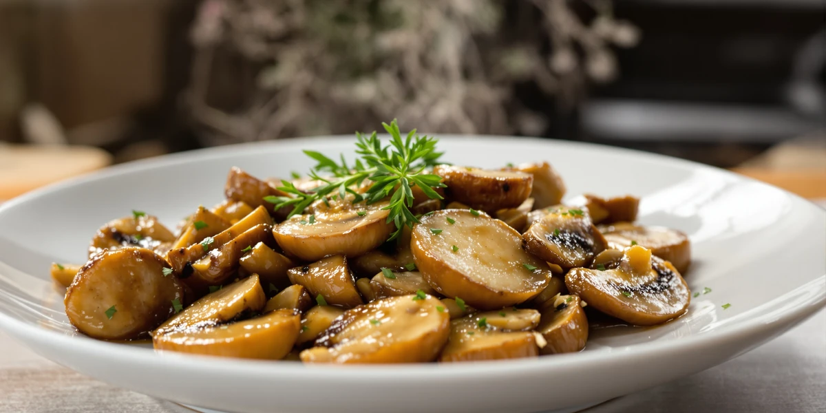 Pieczarki smażone z ziołami na talerzu