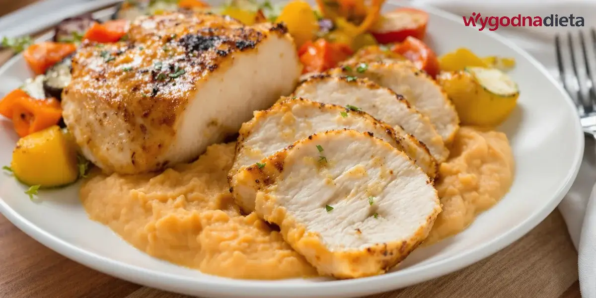pieczona pierś z kurczaka z purée z batatów i pieczonymi warzywami