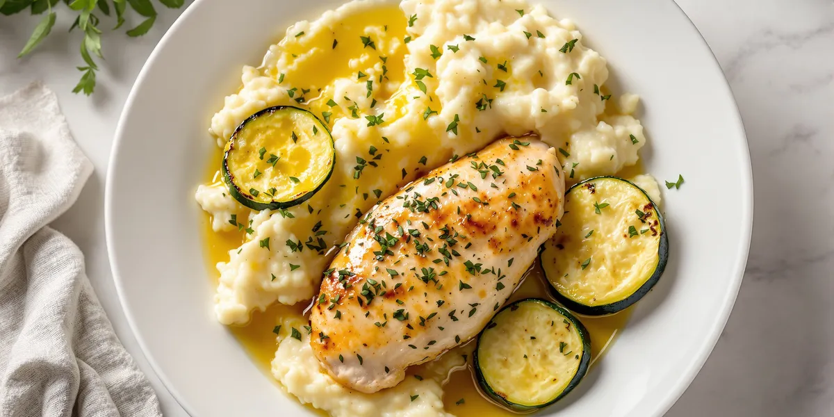 pieczony filet z piersi kurczaka z tymiankiem, purée ziemniaczane, pieczone plasterki cukinii polane oliwą z oliwek
