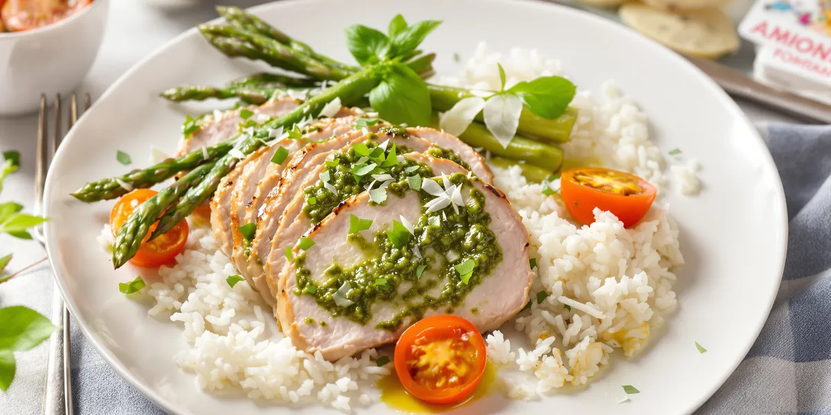 Pieczony kurczak z pesto i szparagami