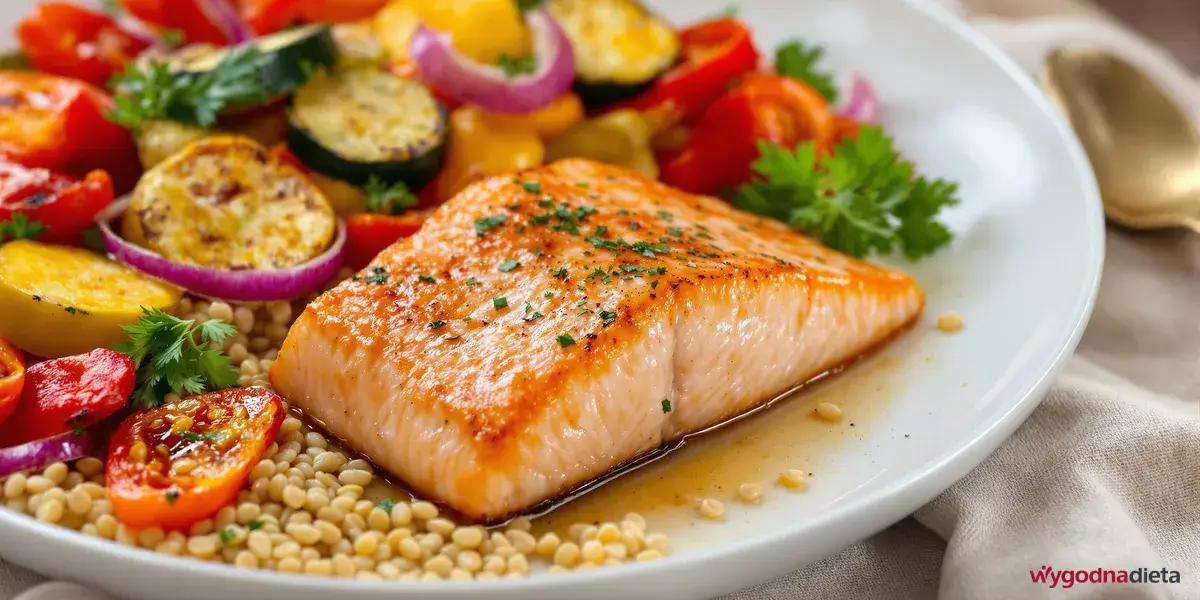 pieczony łodoś z czerwoną i żółtą papryką, cukinią i kaszą gryczaną