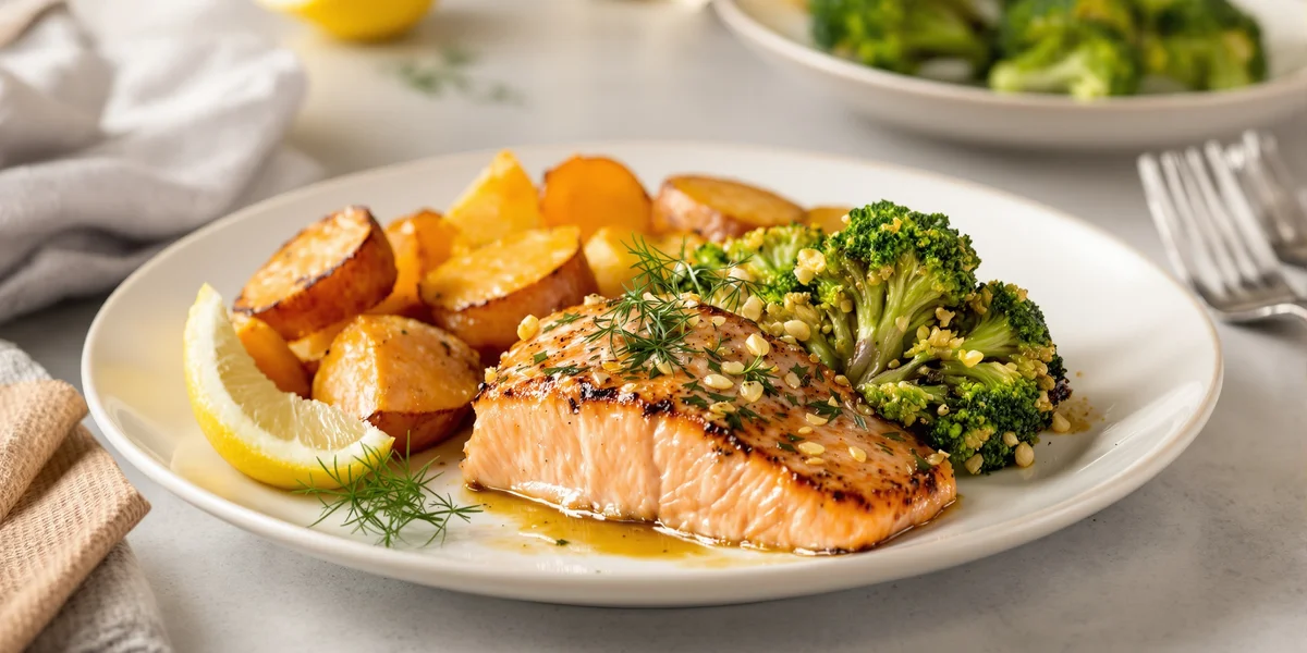 Pieczony łosoś z batatami i brokułem
