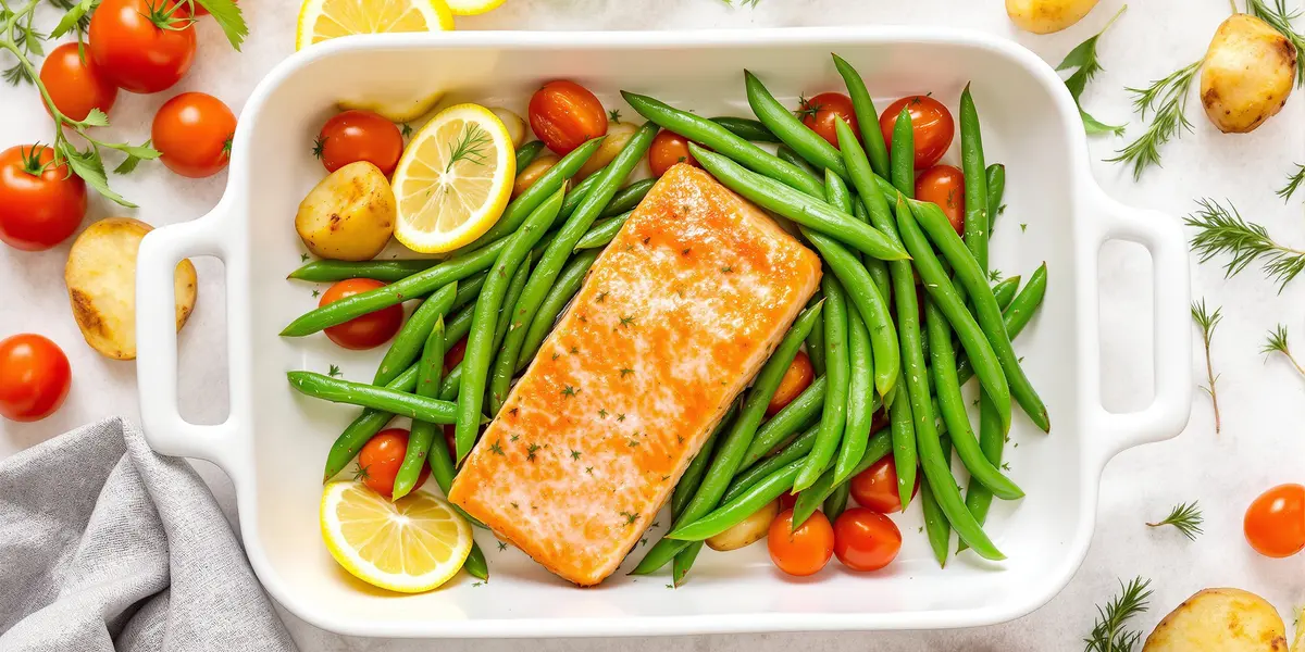 łosoś i zielona fasolka szparagowa w naczyniu żaroodpornym