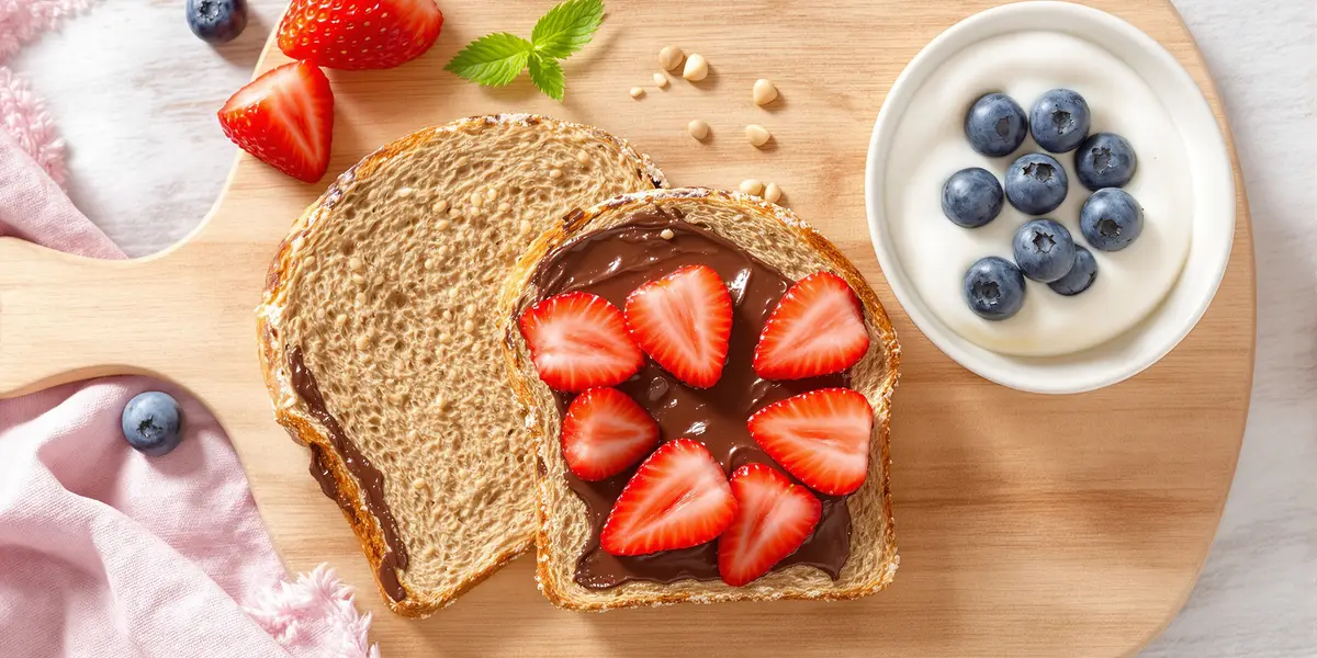 kromka pieczywa z kremem nutella i truskawkami