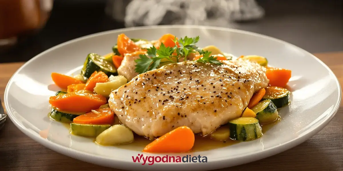 duszona pierś z kurczaka z marchewką i cukinią oraz gotowanymi ziemniakami i szpinakiem na ciepło