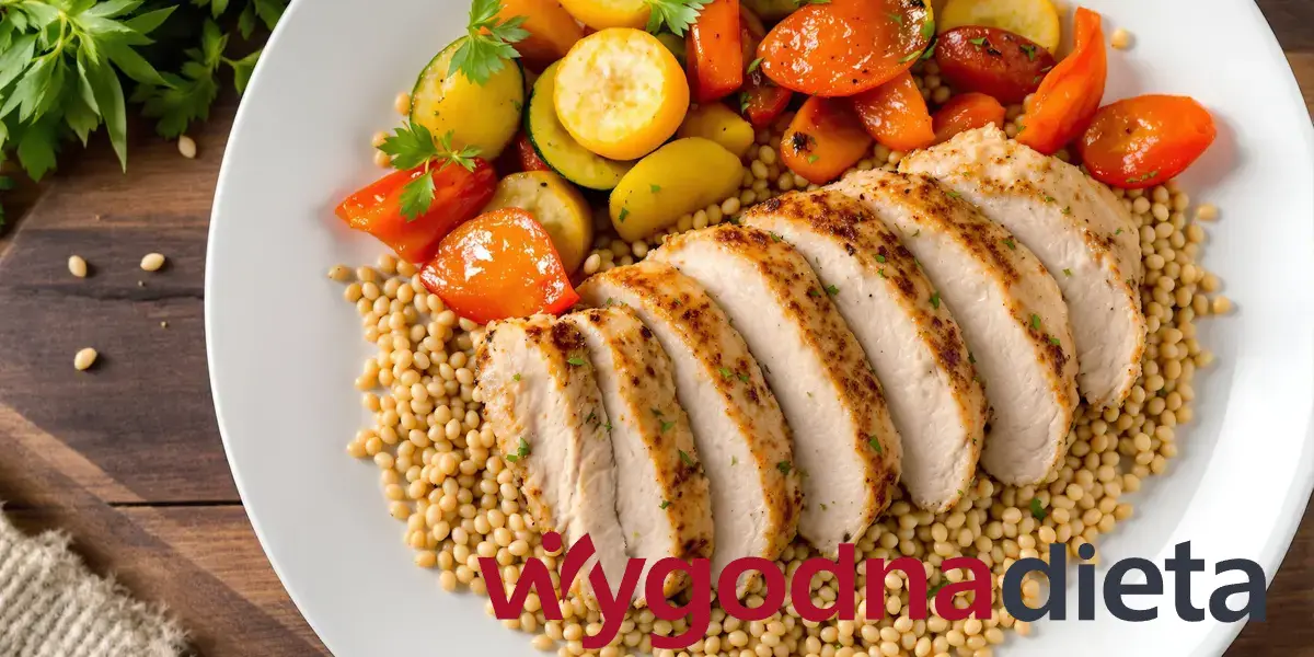 duszona pierś z kurczaka z kaszą jaglaną i pieczonymi warzywami