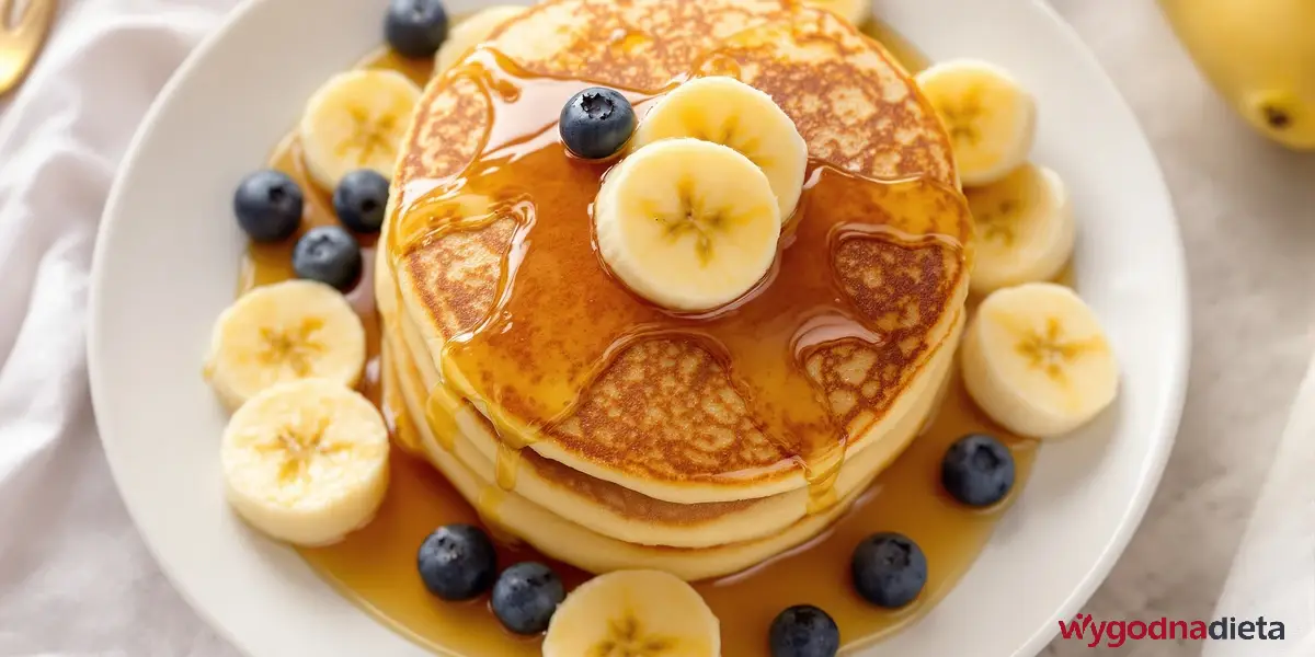 pancakes na mące ryżowym z bananem, borówkami i syropem klonowym