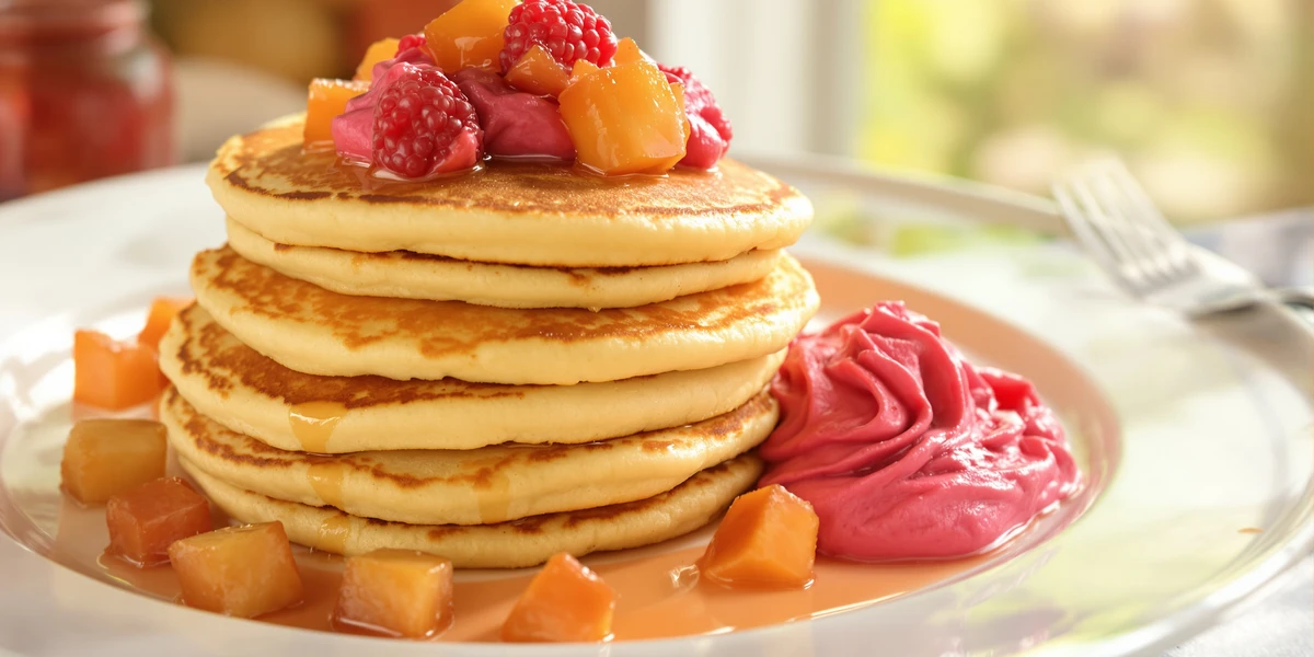 placuszki z serka wiejskiego i prażonego jabłka podane z musem malinowo-truskawkowym