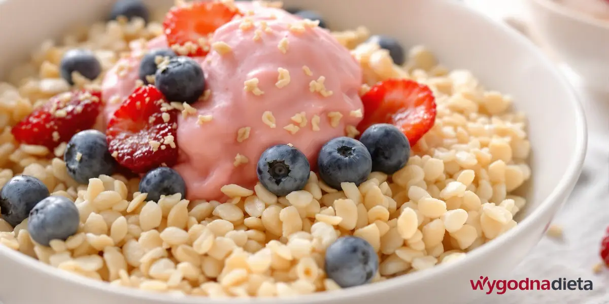 płatki ryżowe z borówkami i musem truskawkowym