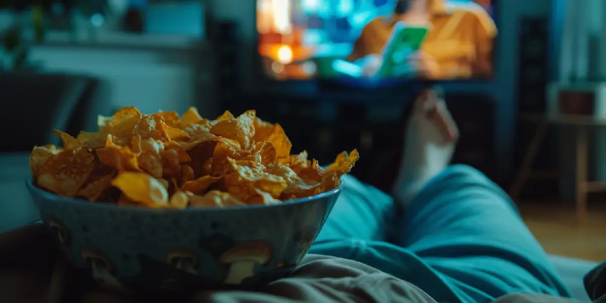 osoba w fotelu oglądająca film i jedząca chipsy