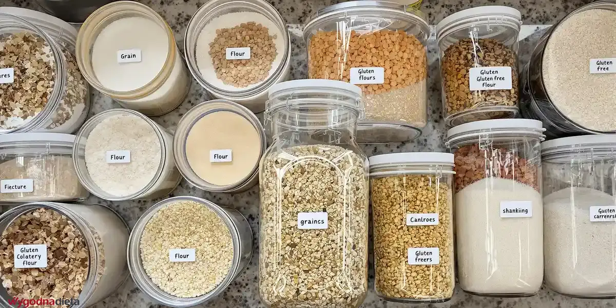 kuchenne szklane pojemniki z mąką i ziarnami zboża