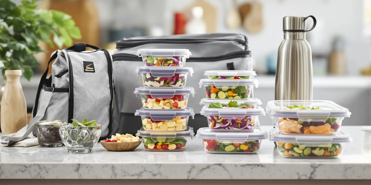 Pojemniki z sałatkami, torba termiczna, termos
