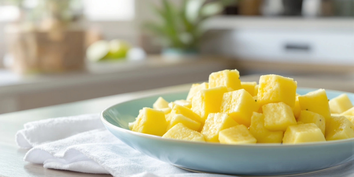 Pokrojony ananas na niebieskim talerzu