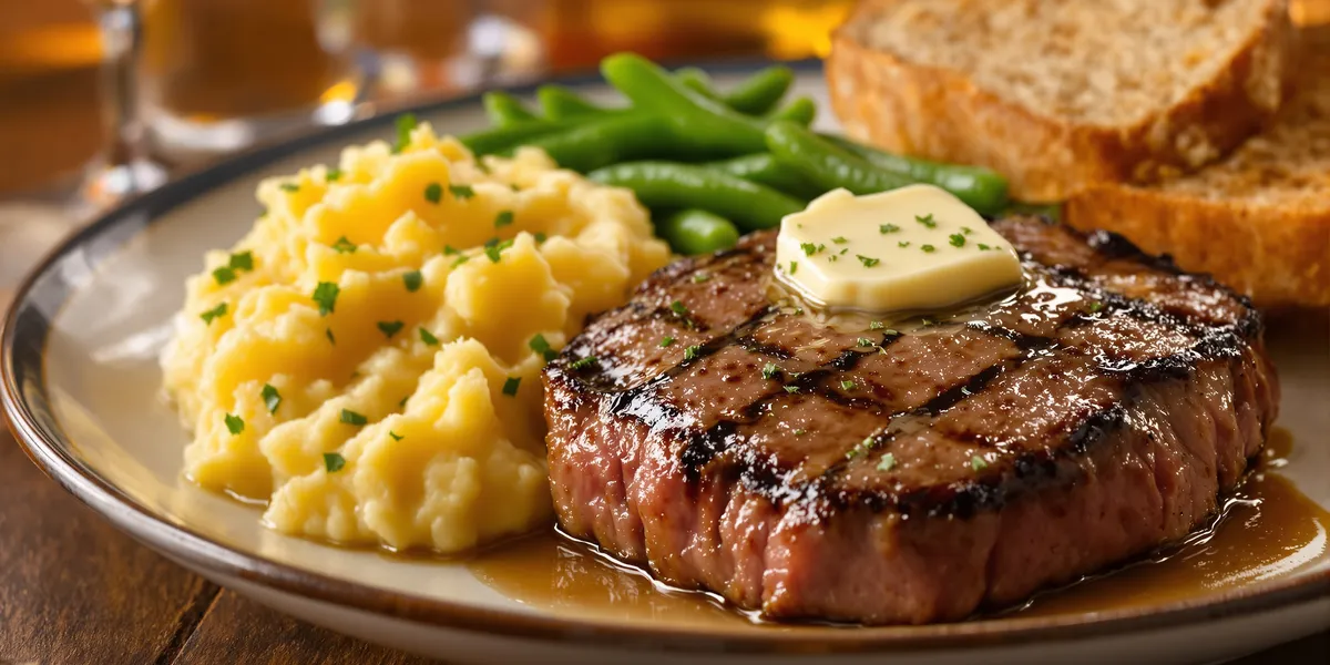 stek z puree ziemniaczanym i gotowaną zieloną fasolką szparagową