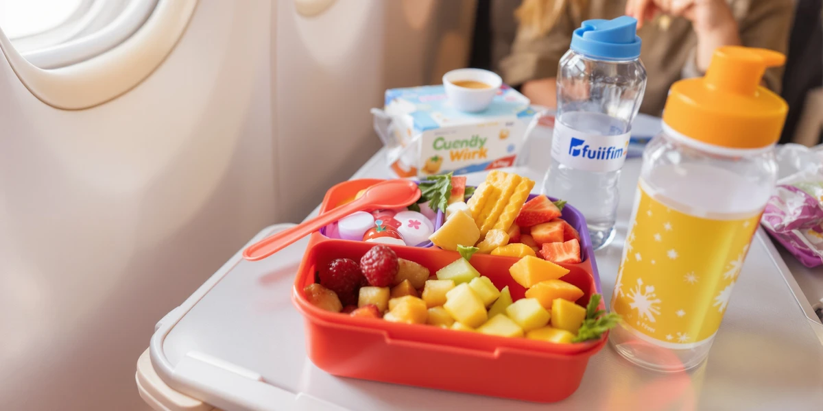 Posiłek w samolocie, owoce, napoje