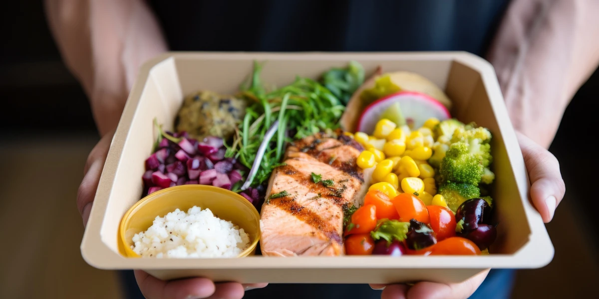 posiłek z filetem z łososia, warzywami i ryżem