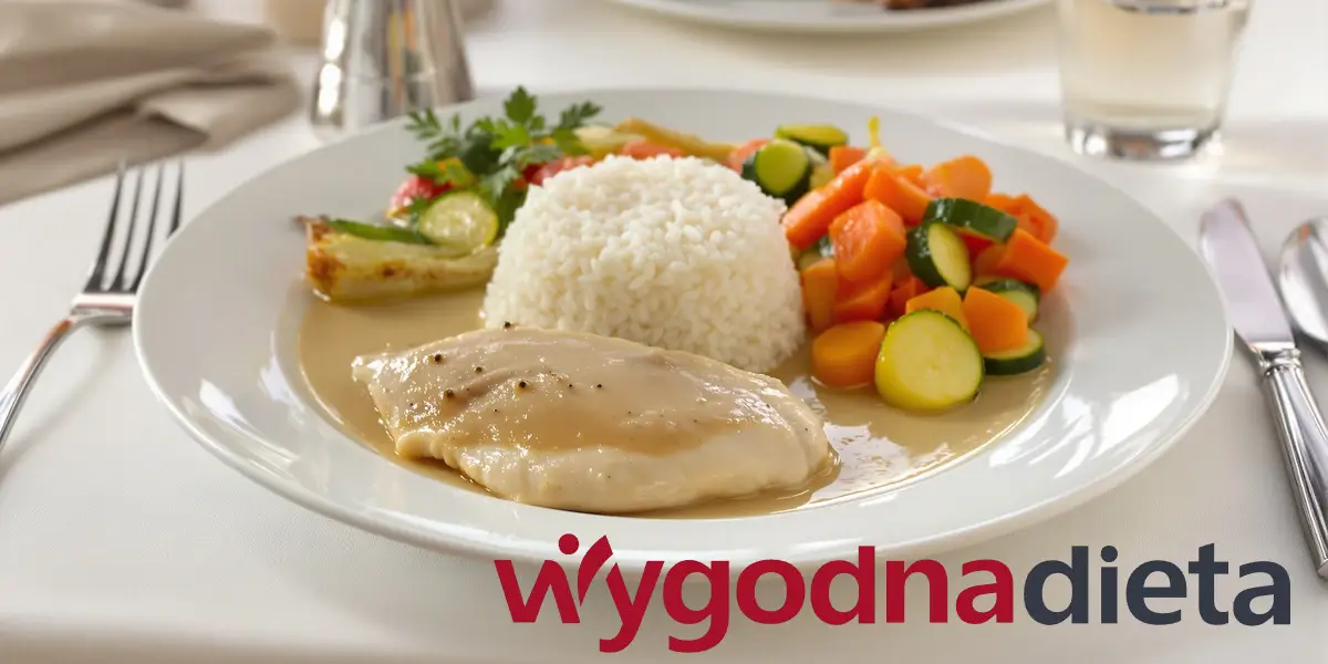 posiłek z białym ryżem, gotowanymi warzywami i uparowanym piersią z kurczaka