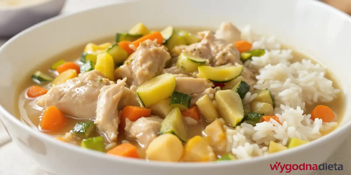 potrawka z kurczaka z ryżem, cukinią i marchewką