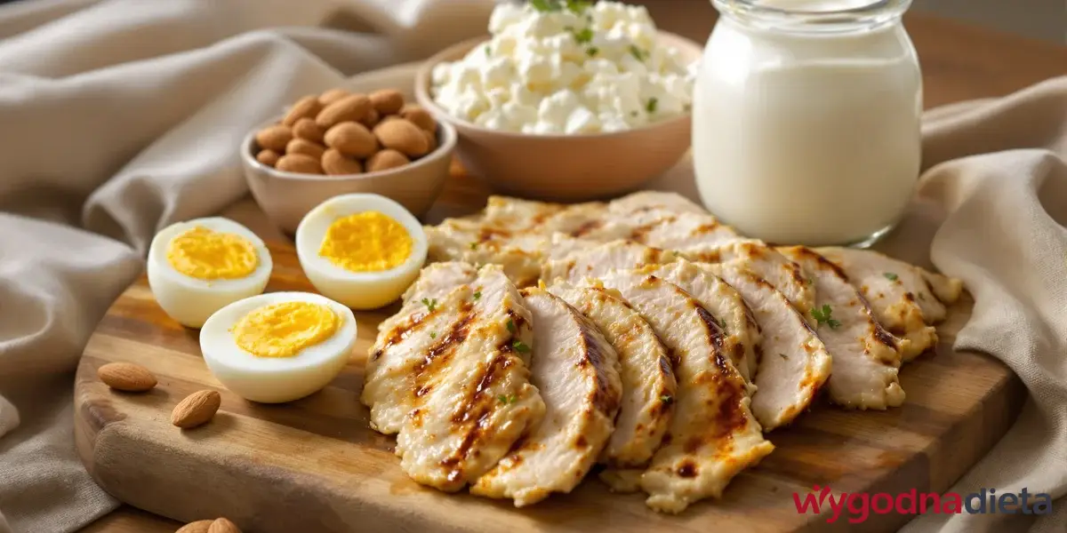 jajka, filet z kurczaka, twarożek i mleko na drewnianej desce