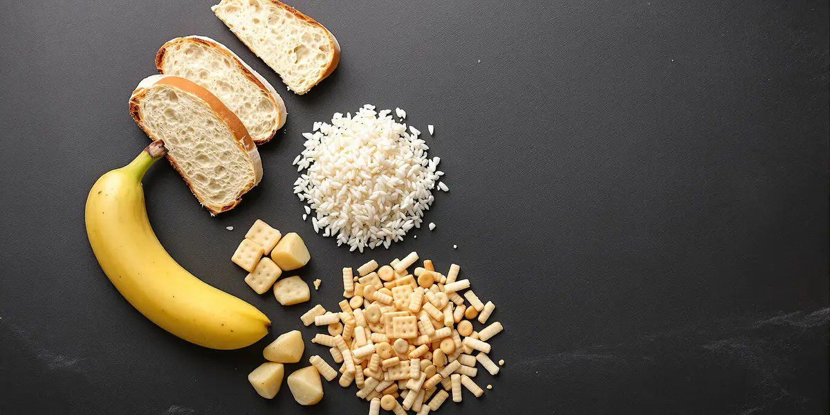 pszenne pieczywo, banan, krakersy i ryż