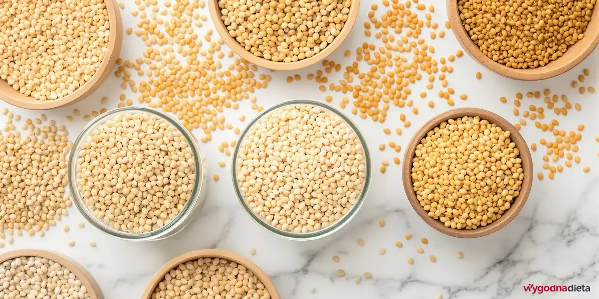 trzy miski zawierające osobno ziarna prosa, gryki i amarantusa