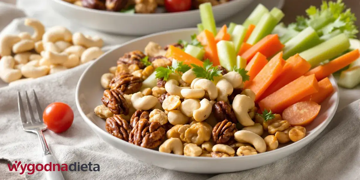 orzechy włoskie, nerkowca i marchewki i ogórek w słupkach