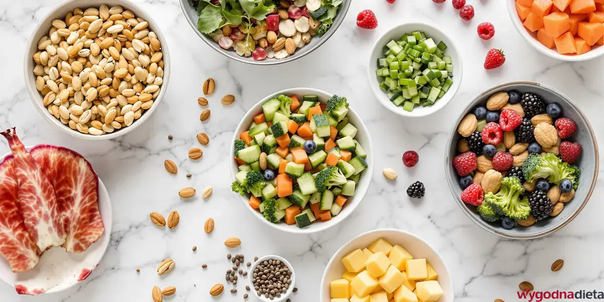 miska z owocami, warzywami i orzeszkami ziemnymi