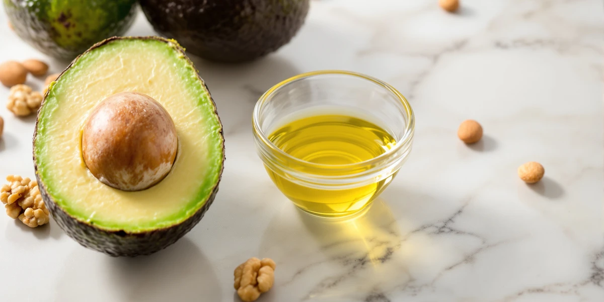 Przekrojone awokado z oliwą i orzechami
