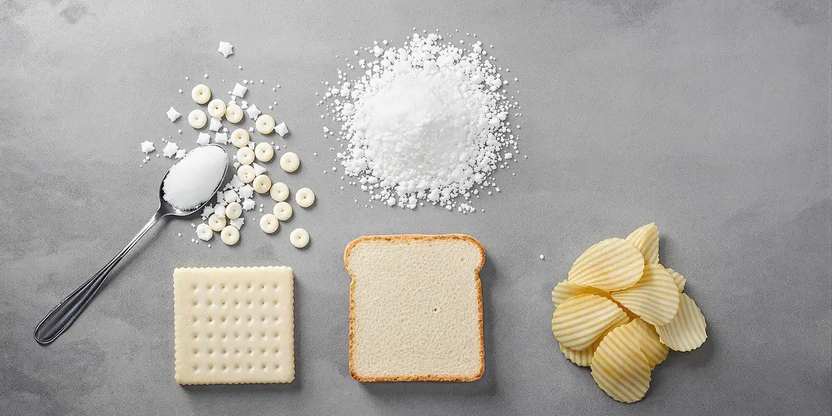 biały cukier, krakersy, chipsy i chleb tostowy