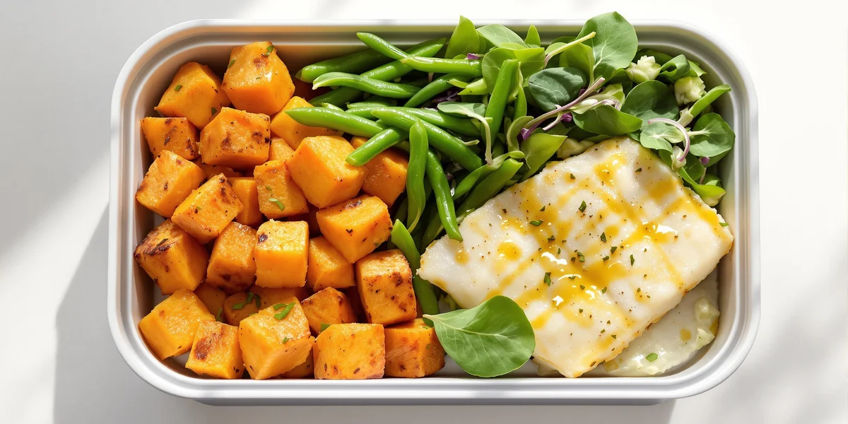 Pudełko z rybą, warzywami i sałatą