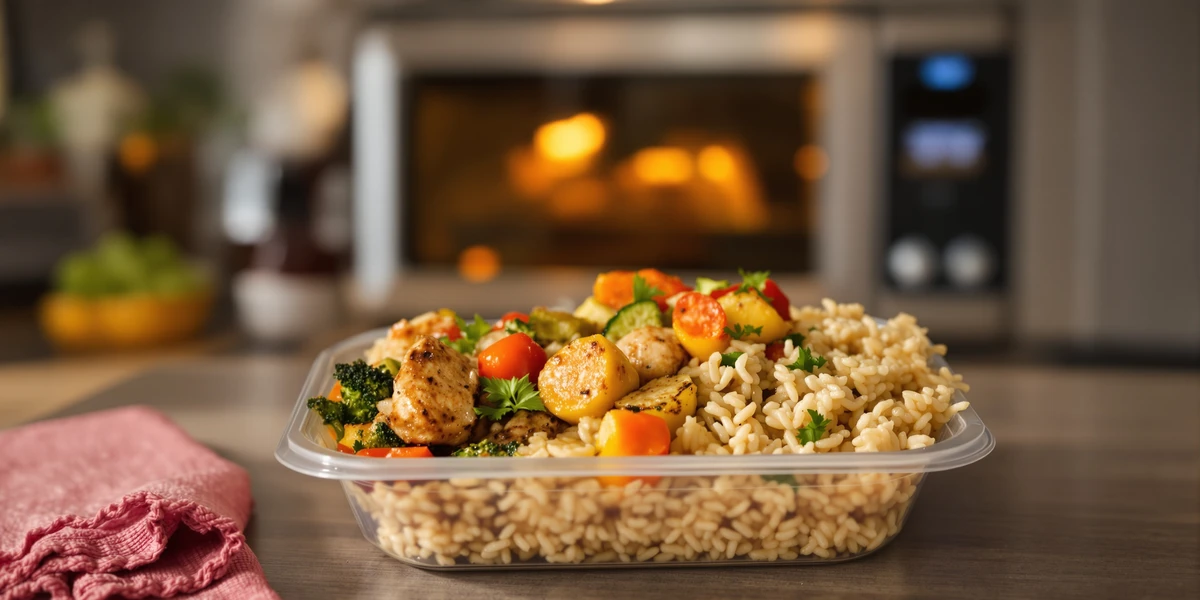Pudełko z ryżem, kurczakiem i warzywami