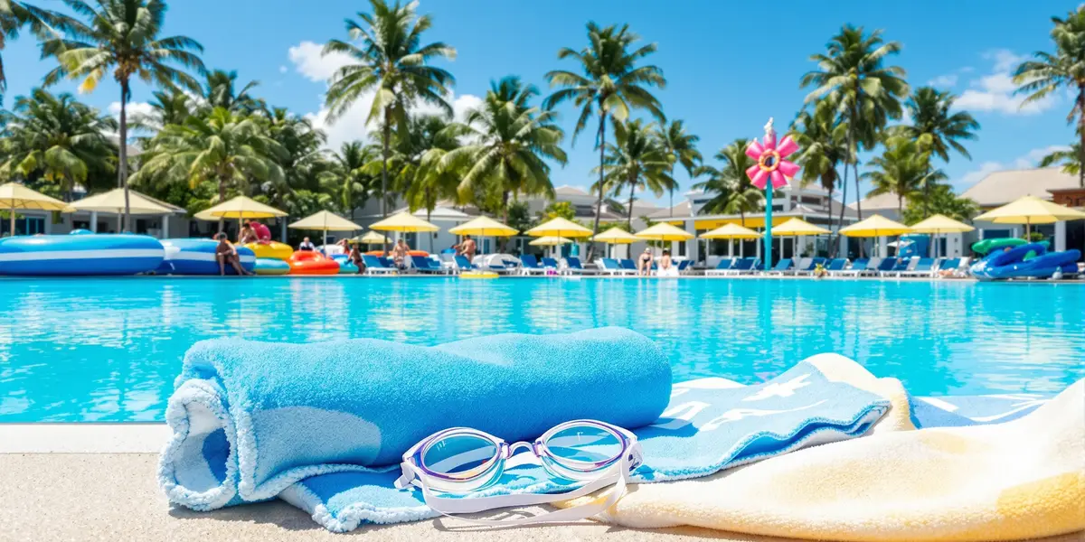 Ręcznik, okulary basenu, palmy