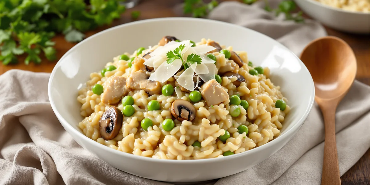 Risotto z kurczakiem, groszkiem i pieczarkami